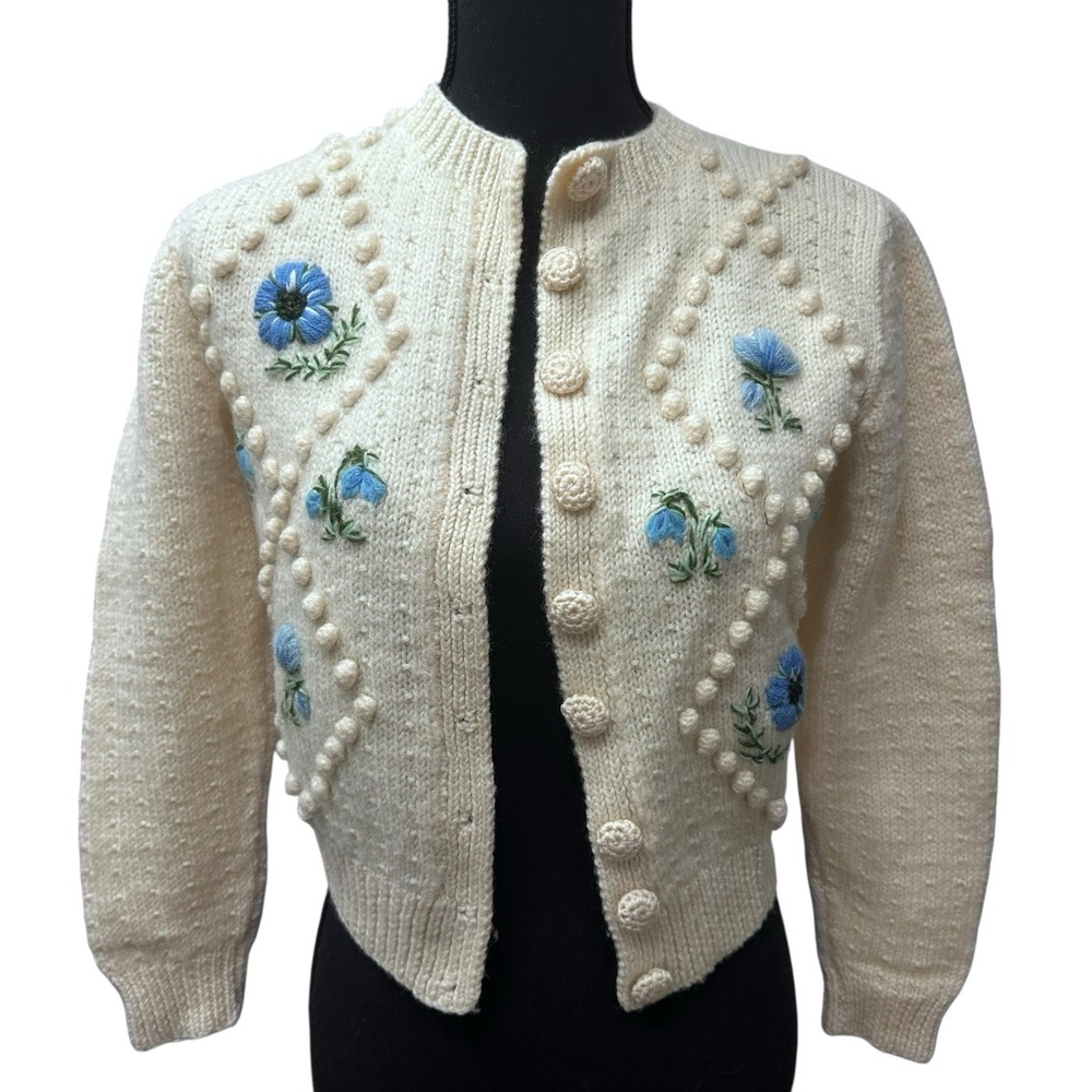 Vtg Hand Knitted 100% Wool Women Cardigan Sweater 3D Crochet Flowers‎ Sz Small